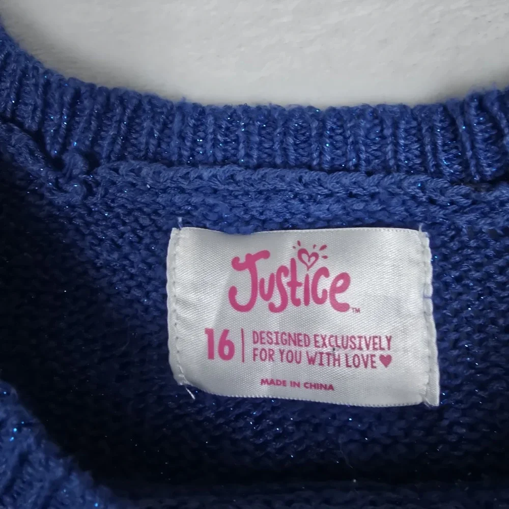 Justice Girls Blue Sparkle Cold Shoulder Graphic Sweater Size 16 Peace Star Hey